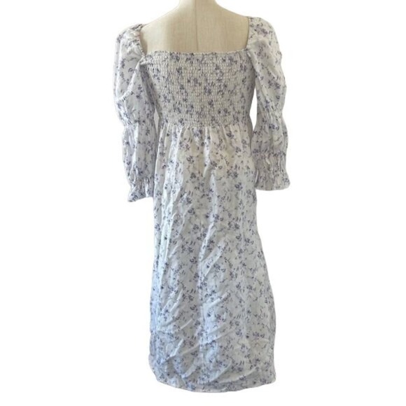 Reformation Midi Dress Smocked Puff Sleeves White Linen Floral Long Slit Medium - Picture 4 of 15